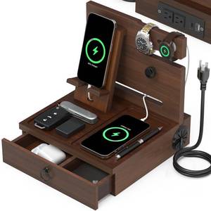 lot 1991 image: Zaldia Wood Phone Docking Station with USB Ports and Outlets