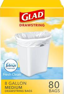 lot 2423 image: Glad Medium Drawstring Trash Bags, 8 Gallon, 80 Count