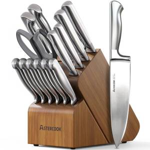 lot 7684 image: Astercook 15-Piece German Steel Knife Set with Block  Retail $109.99