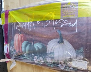 lot 7737 image: Harvest Pumpkin Print Doormat Thankful & Blessed Rubber Backed 4pk Assorted