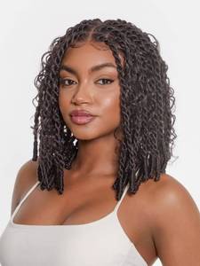 lot 7740 image: Frodio 13x5 HD Lace Front Wig 12 Inch Glueless Boho Knot Twist Bob  Retail $109.99