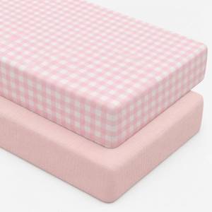 lot 8342 image: Breling Crib Sheets 52 x 28 Pink Muslin and Gingham 2-Pc Set