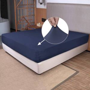 lot 8401 image: N&Y Home Twin Size Fitted Sheet, Navy Blue, 4-Way Stretch Knit