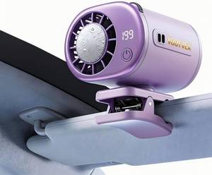 lot 8421 image: VOOYVEX Clip On Personal Fan 360 Rotation Rechargeable LED Display Purple