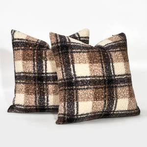 lot 8485 image: JOJOGOGO Brown Boucle Plaid Throw Pillow Covers 18x18 Set of 2
