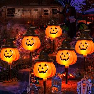 lot 13421 image: Awinking 6 Pack Solar Jack O Lantern Stake String Lights Orange Halloween