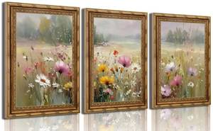 lot 13446 image: Xikafou 3-Piece 3D Textured Canvas Wall Art Set Gold Frame Floral Botanical