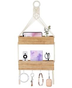 lot 13473 image: Mkono Macrame Wall Hanging Bedside Shelf Organizer 2-Tier Small
