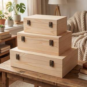lot 13482 image: Sliner Wooden Decorative Storage Boxes with Lids, 3 Pc Set, Natural Wood