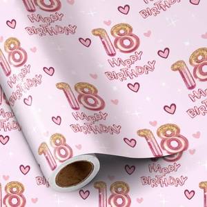 lot 14297 image: RUSPEPA 18th Birthday Wrapping Paper Pink Balloons Mini Roll 17 In x 16.4 Ft