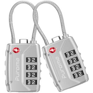 lot 14352 image: Puroma 2 Pack TSA Approved Luggage Lock 4 Digit Combination Cable Lock Silver