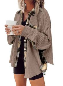 lot 14378 image: SHEWIN Womens Waffle Knit Plaid Shacket Button Down Batwing Sleeve Beige Small