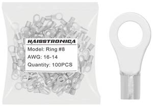 lot 14388 image: 100 Pcs Non-Insulated Ring Terminals AWG 16-14 #8 Bare Copper