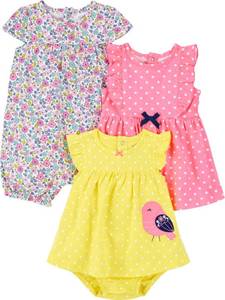lot 14400 image: Simple Joys by Carters Baby Girl 3-Pack Romper, Sunsuit & Dress 12 Months