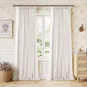 lot 9825 image: Ivory White Pinch Pleated Blackout Linen 92 Inch Bedroom Curtains 2 Panels