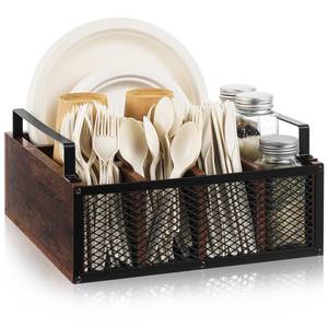 lot 9846 image: Mimorou Wooden Napkin Paper Plate and Utensil Holder Caddy for Party Kitchen Counter Cutlery Flatware Organizer for Utensil Caddy Cups Spoon Forks Napkins, Kitchen Accessories(Dark Wood Color)