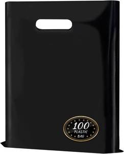 lot 10160 image: 100 Pack Black Plastic Bags, 9x12 Merchandise Bags With Die Cut Handles