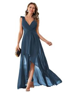 lot 10165 image: MIMIFINA Womens Elegant V Neck Pleat Sleeveless Chiffon Ruffled Straps High-Low Hem Party Maxi Formal Dress Dusty Blue, Size S