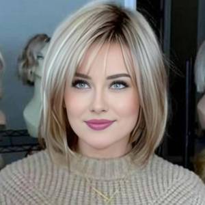 lot 10171 image: RENERSHOW Layered Blonde Highlight Pixie Bob Wig with Bangs for White Women