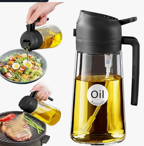 lot 2240 image: Sprayable and Pourable Glass Oil Bottle with Black Handle and Lid