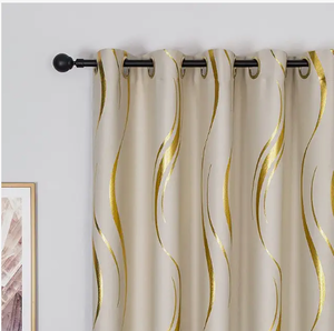 lot 12784 image: MYRU 2 Panels Set Foil Print Striped Curtains for Living Room Bedroom (Beige and Gold, 2 Panels 54 x 90 Inch)