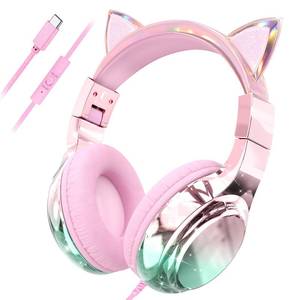 lot 1167 image: QearFun Kids Cat Ear Wired Headphones USB-C with Mic 8594dB Volume Limit