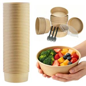 lot 1203 image: Sowinvent Disposable Kraft Paper Bowls with Lids & Sporks, 17 oz, 48 Sets