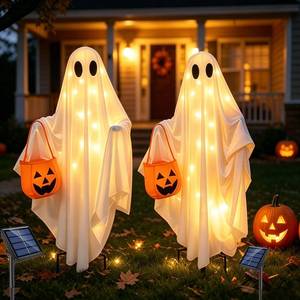 lot 1204 image: ANLTDTC Solar Ghost Halloween Lights 2 Pack Hanging Stake Yard Decor