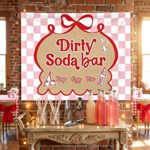 lot 2636 image: LaVenty Dirty Soda Bar Banner Backdrop Sign Pink Checkered Party Decoration