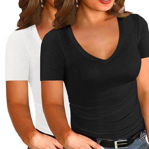 lot 2770 image: Chulianyouhuo Womens Plus Size V-Neck Ribbed Knit Tops 2 Pack Black and White