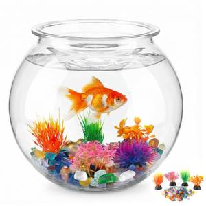lot 2795 image: Plus Tard Clear Plastic Fish Bowl 1 Gallon with Artificial Plants and Stones