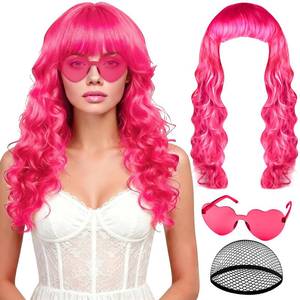 lot 2832 image: PLULON Hot Pink Long Curly Synthetic Wig with Heart Sunglasses