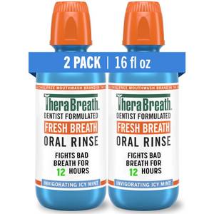 lot 2843 image: TheraBreath Fresh Breath Mouthwash Icy Mint Alcohol-Free 16 Fl Oz 2 Pack