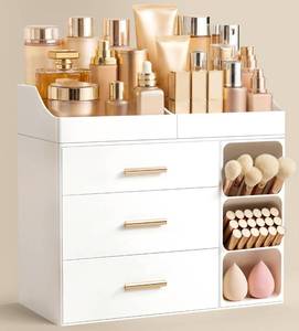 lot 5319 image: HBlife Makeup Organizer Countertop with Brush Holder, 3 Drawers, All White