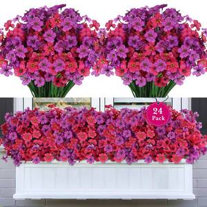 lot 5324 image: AmberFun 24 Pcs UV Resistant Artificial Flowers Outdoor Purple & Rosy Red
