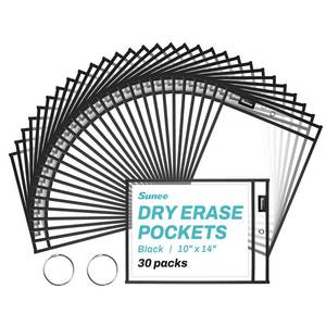 lot 5330 image: SUNEE Reusable Dry Erase Pocket Sleeves 10x14 Black, 30 Pack with 2 Rings