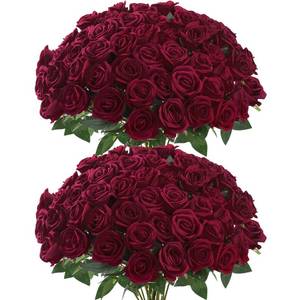 lot 5333 image: Sggvecsy 50 Pcs Artificial Velvet Silk Roses With Stems Burgundy 20 Inch