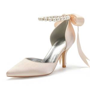 lot 7793 image: Annas Bridal Pearl Champagne Satin Pointed Toe Wedding Shoes 3 Inch Heel 602-1