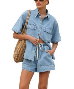 lot 8051 image: Chouyatou Womens Denim 2 Piece Shirt and Shorts Set, XX-Large, Light Blue