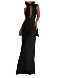 lot 8065 image: OYOANGLE Womens Sleeveless Halter Maxi Dress Deep V Neck Black Large