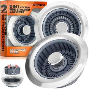 lot 8068 image: Nipoko 3-in-1 Sink Drain Strainer Stopper Pop Up 3-12 in Silver 2 Pack