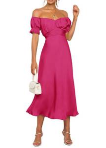 lot 8152 image: KIRUNDO Womens Satin Off Shoulder Midi Dress Rose Red Size L