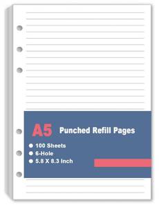 lot 8200 image: A5 Lined Paper Refill 6 Hole Binder Paper, 100 Sheets 5.8 x 8.25 In