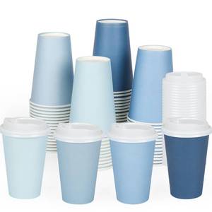 lot 8206 image: 80 Pcs 12 Oz Dusty Blue Disposable Paper Coffee Cups with Lids