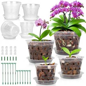 lot 9918 image: WTXHOP 3456 Inch Orchid Pot, 12 Pack Clear Orchid Pots with Holes, Saucer and Plant Stakes for Repotting, Plastic Plant Pot for Indoor & Outdoor Plants