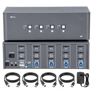 lot 9921 image: KVM Switch 3 Monitors 4 Computers, 8k Displayport Switch with USB 3.0, Jack, 4 Computers Share a Set of Keyboard, Mouse, Support WindowsMacLinux (Triple Monitor)