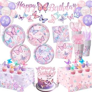 lot 9926 image: Butterfly Birthday Decorations, Girls Birthday Supplies - Plates, Napkins, Cups, Cutlery, Cake & Cupcake Toppers, Banner, Hanging Swirls, Tablecloth, Balloons for Butterfly Party Decorations, Serve 20