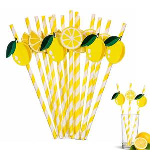 lot 9931 image: Lemon Paper Straws 60PCS Disposable Eco-Friendly Drinking Straws for Cocktails Milkshakes Lemonade Stand Party Decorations, Yellow Striped Design 3 Styles