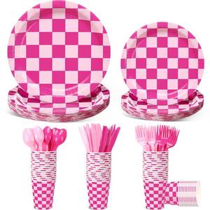 lot 9942 image: Zhehao 144 Pcs Hot Pink and Rose Checkered Party Tableware Serves 24
