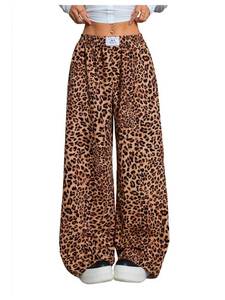lot 10193 image: OYOANGLE Womens Leopard Letter Patched Elastic High Waist Wide Leg Pants, M Size